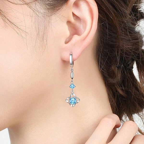 Brincos pendurados chique trevo mar azul cristal topázio diamantes pedras preciosas gota para mulheres 14k branco ouro prata cor vestido joias da moda