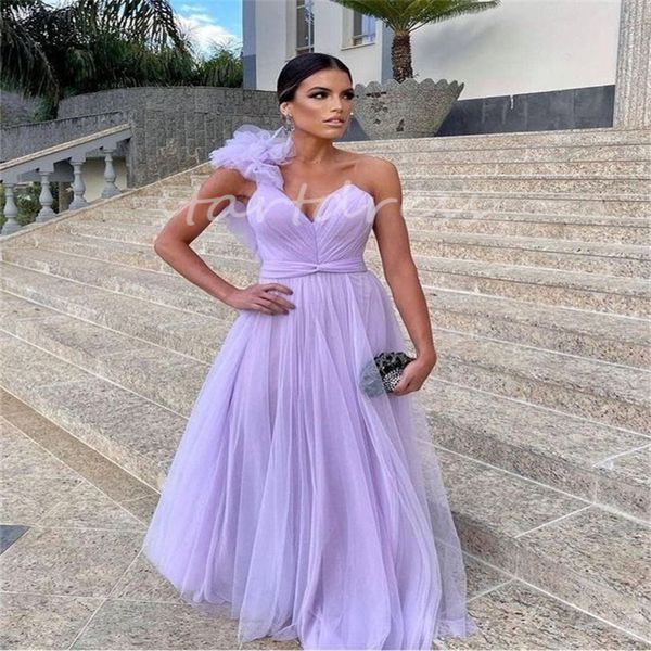 Flowy lilás um ombro vestido de noite 2024 até o chão tule uma linha vestido de baile babados sexy sem costas ocasião formal ocasião especial vestido de festa vestidos de gala