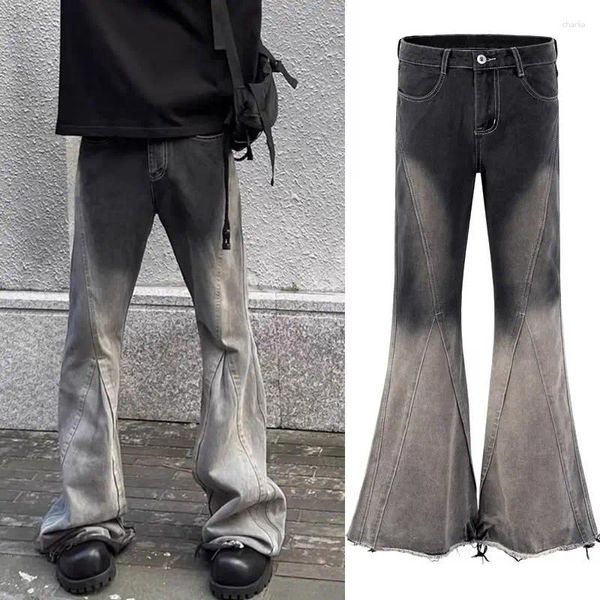 Jeans masculinos americano preto-cinza gradiente mop bell bottoms high street marca de moda calças bonitas para homens e mulheres
