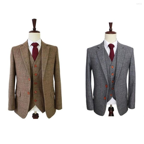 Ternos masculinos de lã Retro cinza e marrom aranha tweed estilo britânico 3 peças personalizadas fades fit slim fit blazer casamento