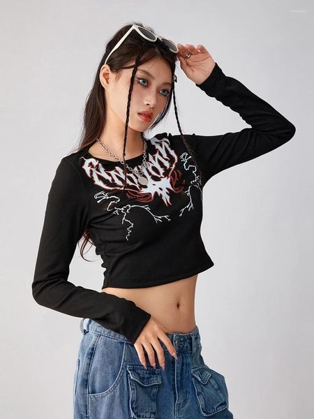 Женские футболки Wsevypo Готические черные женские футболки в стиле гранж-панк с длинным рукавом с круглым вырезом и тотемным принтом Укороченный топ Уличная одежда Повседневный пуловер