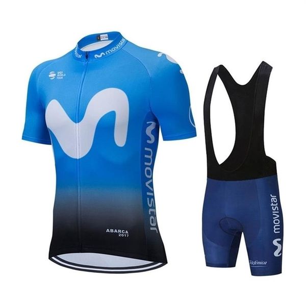 Radfahren Jersey Sets Movistar Muster Männer Sommer Kleidung Atmungsaktive Kleidung Kit Kurzarm Trägerhose MTB Ropa Ciclismo Maillot 256g