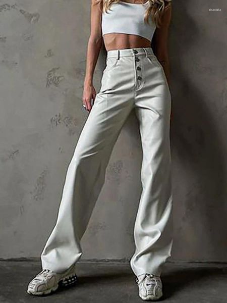 Женские брюки, белые зимние кожаные классические брюки на пуговицах, узкие длинные искусственные брюки из искусственной кожи для женщин, 2023, расклешенные