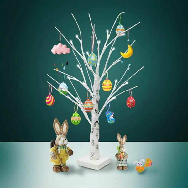60 cm weißer Osterbaum mit Lichtern, dekorative Ostereier zum Aufhängen, Ornamente, Zweige, Baumlampendekorationen, 24 LED-Lichter, weiß, Y0107226Q