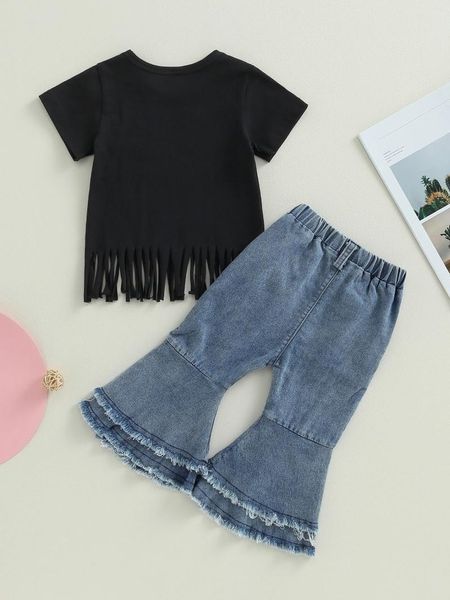 Set di abbigliamento Kishawna Pantaloni da bambina per bambina Set manica corta Girocollo Lettere Stampa T-shirt Denim Flare Vestito estivo (Nero