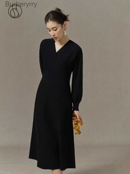 Vestidos casuais básicos dushu senhora do escritório feminino hepburn estilo com decote em v vestido de malha outono inverno novo vestido preto magro para mulheres cintura alta l231130