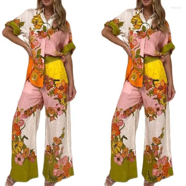 Женский комплект из двух предметов, хлопковый льняной костюм с цветочным принтом, однобортная рубашка с лацканами, топы с эластичной резинкой на талии и широкими штанинами, домашняя одежда