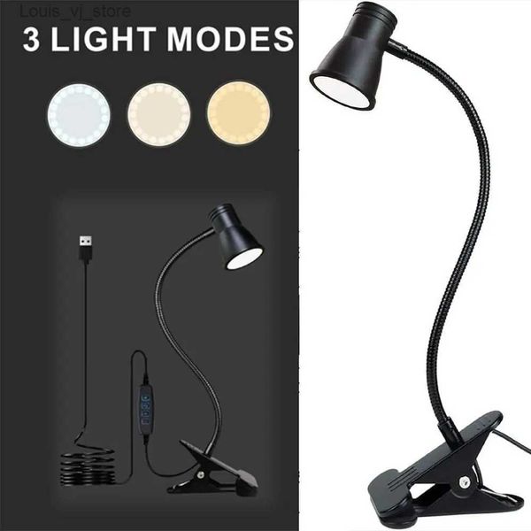 Lampes de lecture Lampe de bureau LED noire Flexible 3 Modes de couleur Clip réglable sur lampe de lecture 360 tours USB charge LED pince livre lumière chambre YQ231130