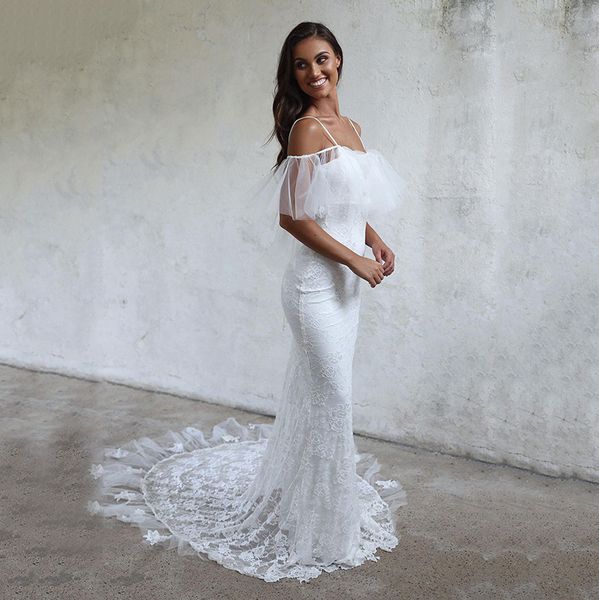 Vestido de casamento de tule vintage para noiva sem costas renda sereia vestido de casamento moderno clássico aplique espaguete