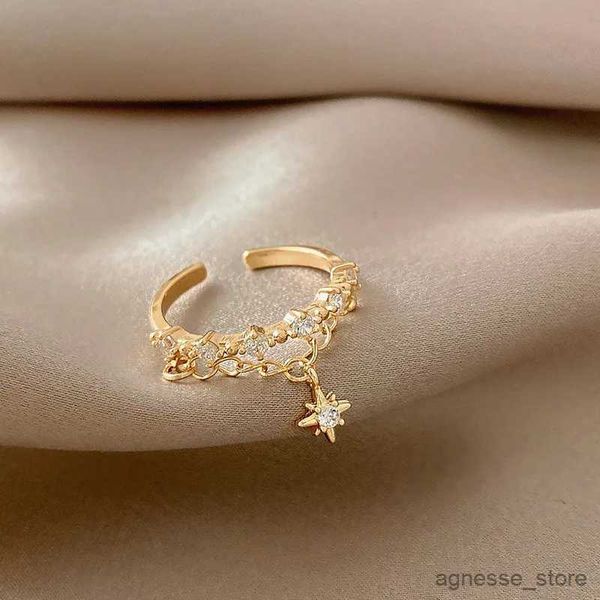 Anéis de banda moda hexagrama estrelas pingente anéis cor ouro espumante zircão abertura anel mulher elegante geométrica corrente anel festa jóias r231130