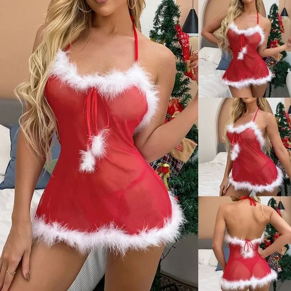 Seksi Set Kadınlar Noel Net Hang Boyun Strappy etek Pijamalar Eğlenceli İç Çamaşırı Kadın iç çamaşırları Lenceria Femenina 231129