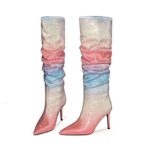Botas 2023 moda fina salto alto plissado empilhado arco-íris gradiente sapatos femininos coxa tamanho grande 47 231130
