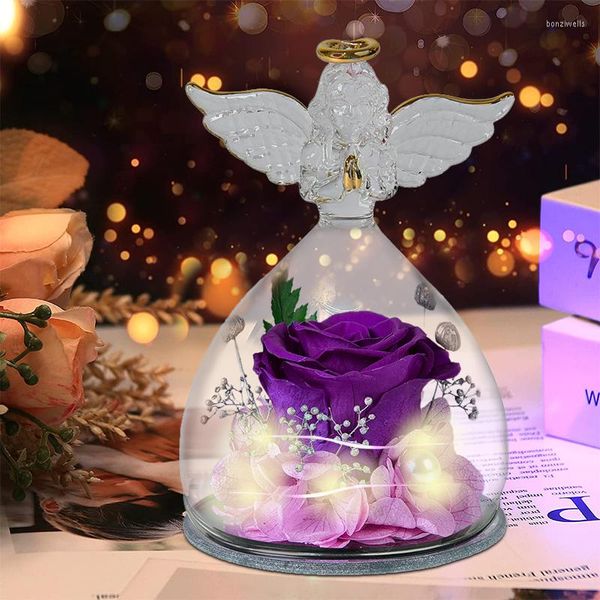 Flores decorativas 1 conjunto Angel Angel Preservado Roses em vidro para sempre eterno rosa flor flor de Natal Aniversário do dia dos namorados Presente de casamento