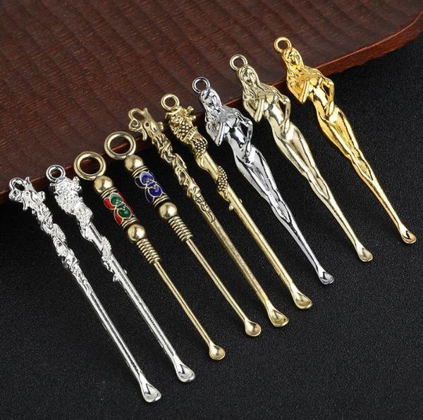 Neueste Metall Dab Dabber Beaty Earpick Mit Ring 9 Stile Rauchen Schnupftabak Snorter Sniffer Pulver Löffel Schaufel Schaufel Rohr Werkzeug stroh Zubehör