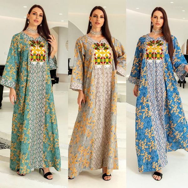 Abbigliamento etnico Eid Abaya musulmano Abito in cotone Jalabiya Ricamato marocchino Caftano Lungo Arabo Donna Dubai Arabia Casual Abito Caftano