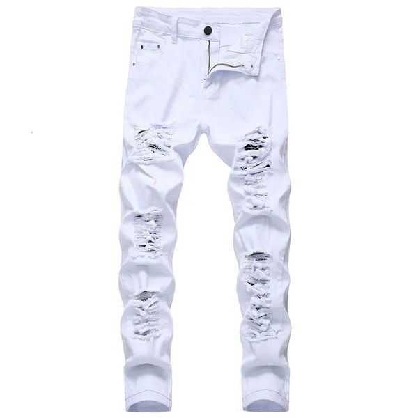 Jeans da donna Uomo Bianco Moda Hip Hop Strappato Skinny Uomo Pantaloni in denim Slim Fit Stretch Distressed Zip Jean Pantaloni di alta qualità 231129