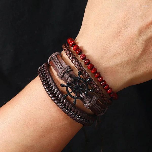 Armreif-Mix, 4 Stück/Set, geflochtene Wickel-Lederarmbänder für Männer und Frauen, Vintage-Holzperlen, ethnische Tribal-Armbänder, Armband, Ruder