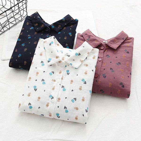 Damenblusen Frühling Cartoon Little Orchid Dots Bedrucktes Baumwollhemd Frauen Weiß Marineblau Farbe Langarm Lose Basisbluse Blusa U323