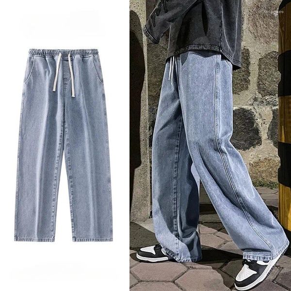 Calças de brim masculinas moda coreana solta homens clássico reto baggy perna larga calças casuais rua hip hop calças preto cinza azul