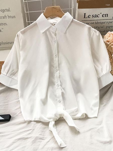 Женские блузки с коротким рукавом белые шифоновые рубашки женский корейский стиль поворотный воротник Дизайн кнопки Женские офисные топы