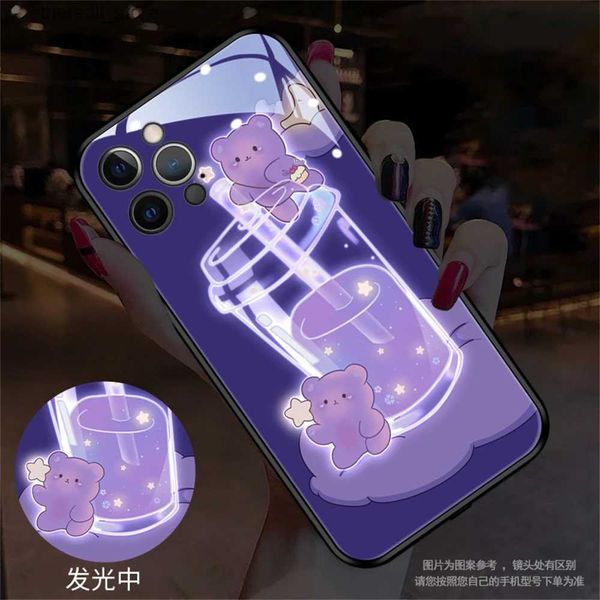 Casos de telefone celular Nova Chegada Leite Chá Vidro Controle Inteligente Entrada LED Luminous Flash Light Up Phone Case para iPhone 15 14 13 12 Pro Max 11 X XR Q231130