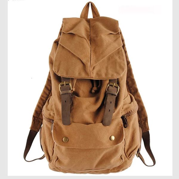 School Bags Fashion Vintage Leather military Canvas backpack Men s school bag drawstring women bagpack male rucksack 231129