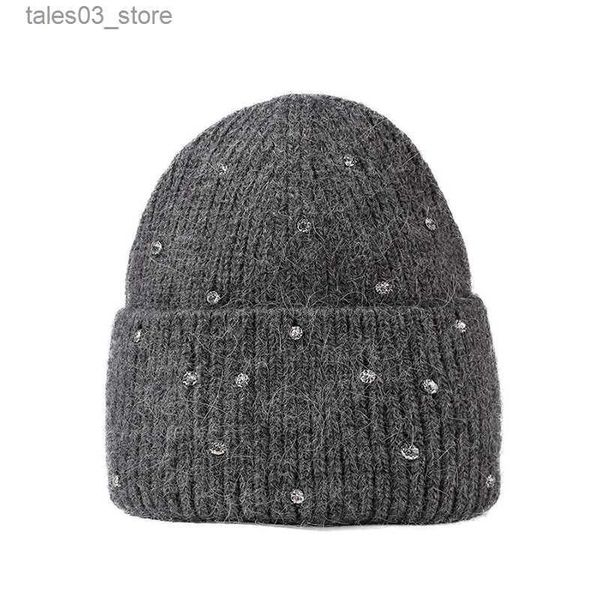 Beanie/Kafatası Kapakları Şapka Kadınlar Kış Angora Örgü Beanie Rhinestone Sıcak Yumuşak Sonbahar Kayak Aksesuarı Açık Hava Dış Mahkeme Tatil Yürüyüşü Q231130