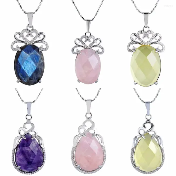 Anhänger Halsketten SUNYIK Facettierte Oval Teardrop Edelstein Stein Kristall Cabochon Charms Halskette Für Frauen Mädchen Candy Farbe Schmuck (Freie Kette)