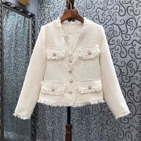 Giacche da donna Cappotto da donna di alta qualità Capispalla 2023 Autunno Inverno Lana Donna Scollo a V Tasca Deco Manica lunga Casual Beige Cachi