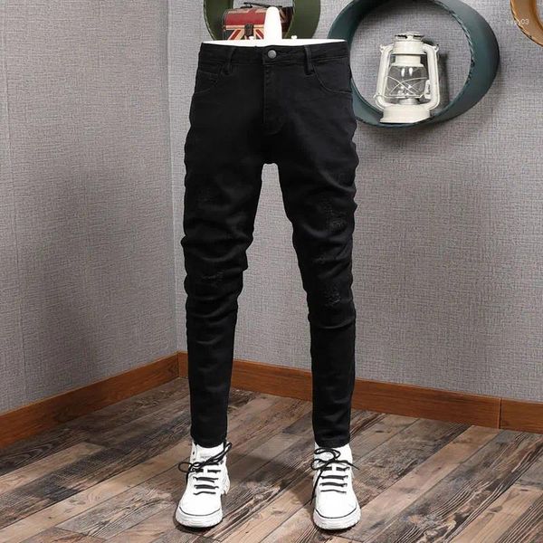 Jeans da uomo Moda Vintage Uomo Colore nero Elastico elasticizzato Slim Fit Strappato Stile coreano Designer Pantaloni denim casual Hombre