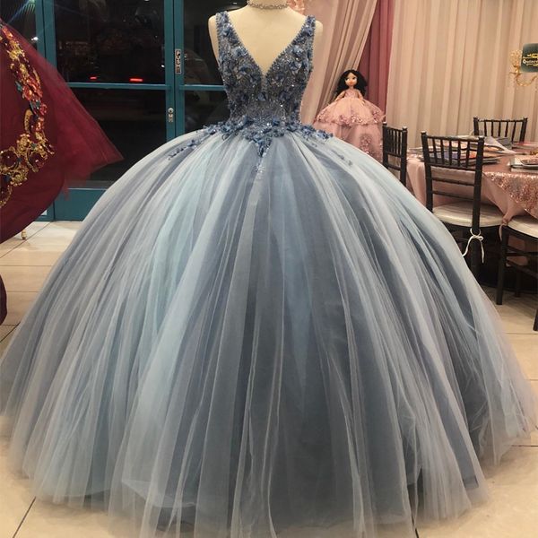 Мексиканское серо-синее бальное платье с v-образным вырезом, платье Quinceanera для девочек, расшитое цветами и кристаллами, вечерние платья для дня рождения, милые 16, платья de 15