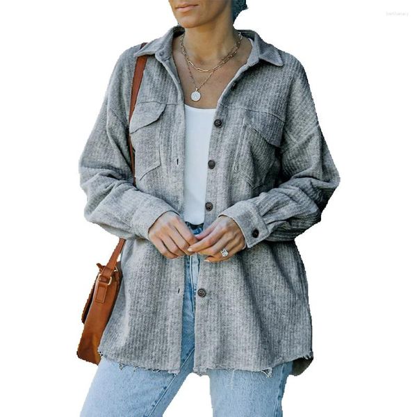 Giacche da donna Tasca Solid Texture Giacca con bottoni Giacca Autunno/Inverno Colletto polo Cappotto a maniche lunghe 854100