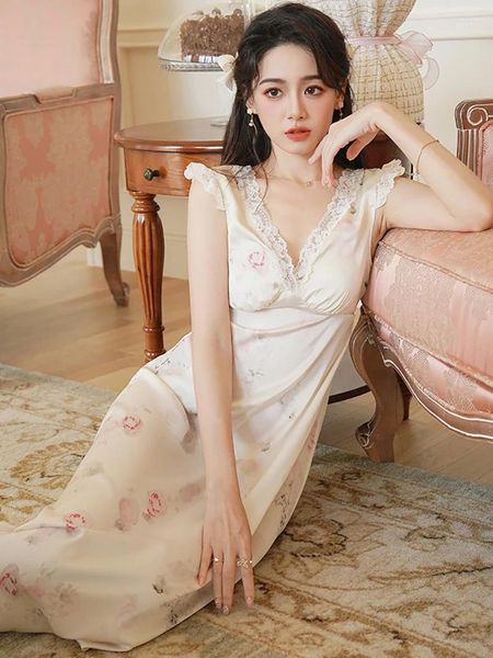 Kadın pijama kadın bayanlar fransız yaz ipek dantel fırfırlar prenses vintage gecelik peri baskı pijamaları Victoria Nightgowns