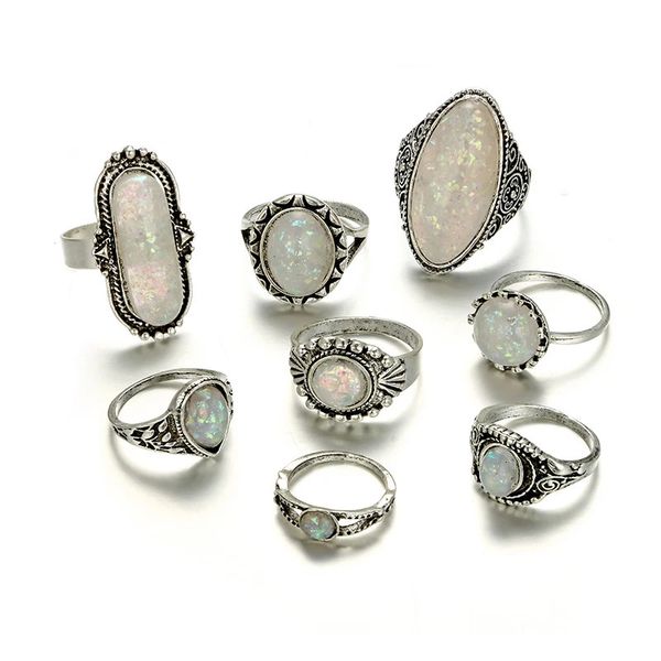 Eheringe Tocona Vintage Antik Silber Farbe Sets Bunte Opal Kristall Stein für Frauen Männer Böhmischen Schmuck anillos 6421 231130