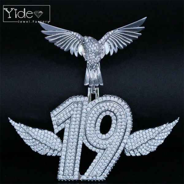 Şık özel mücevher 3D tasarım buzlu kuş toka numarası 19 ayar hip hop vvs moissanite kolye