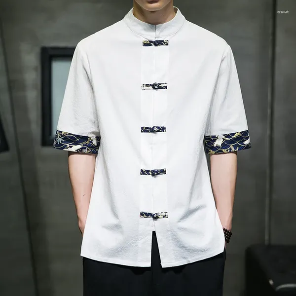 Camisas casuais masculinas japonês quimono camisa homens chinês retro impressão algodão linho costura de manga curta tops verão top qualidade streetwear