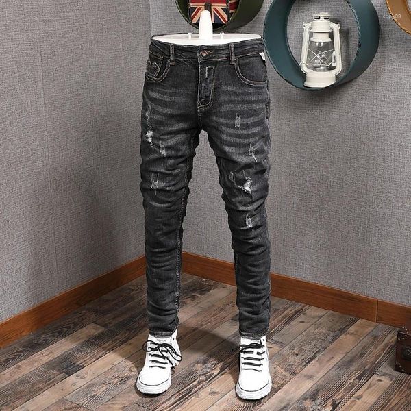 Jeans masculinos estilo italiano moda homens de alta qualidade retro preto cinza elástico magro ajuste rasgado vintage designer denim calças