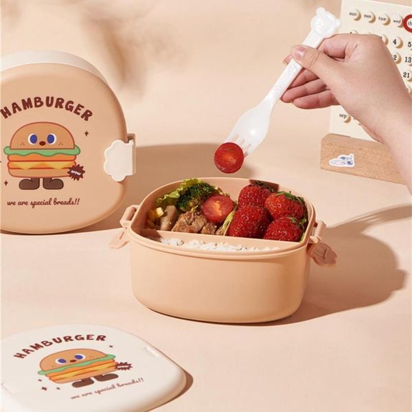 Set di stoviglie Divertente cartone animato porta pranzo per hamburger con scomparti Bella comoda pulizia Bento Fornitura per bambini