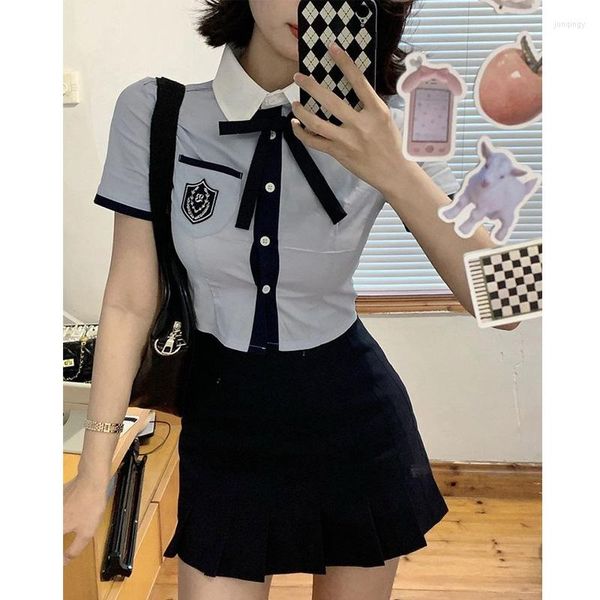 Damen Blusen Japan Korean Student JK Schuluniform Sommer Süße Vintage Süße Mädchen Marineblau Fliege Schlank Bandage Shirt Bluse Tops