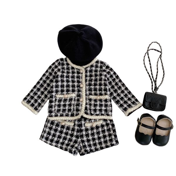 INS Ragazze plaid di lana set di vestiti per bambini nero bianco reticolo monopetto manica lunga outwear pantaloncini 2 pezzi bambini abiti da principessa S0907