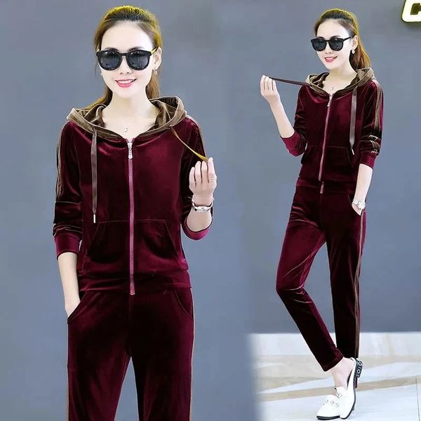 Pantaloni a due pezzi da donna Primavera Autunno Abito in velluto Tuta da donna Casual Felpa con cappuccio Cappotto Pantaloni Set Taglie forti Set da 2 pezzi Traf Set di abbigliamento sportivo donna 231129