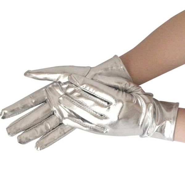 Luvas de cinco dedos 1 par de prata Sexy comprimento do pulso Latex Women Wet Look Fake Leather Leation Metallic Luve Evening Stage Performance Mittens