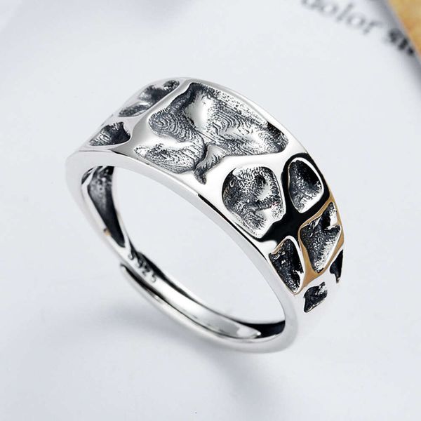 S925 prata esterlina côncavo meteorito geométrico desgastado anel moda tendência anel mão jóias