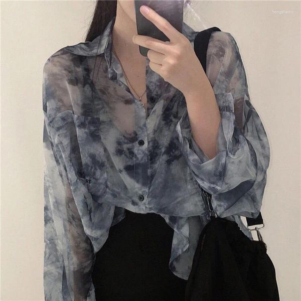 Blusas femininas camisa vintage mulheres harajuku tie corante impressão coreano solto casual chiffon blusa outono férias transparente gótico hippie top