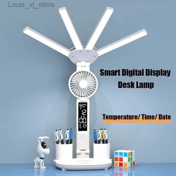 Buchlichter 3-in-1-Multifunktions-Tischlampe, LED, vierköpfig, zusammenklappbar, mit Ventilator, Kalender, Uhr, USB, wiederaufladbar, Schreibtischleuchte, 3-Farben-Leselampe YQ231130