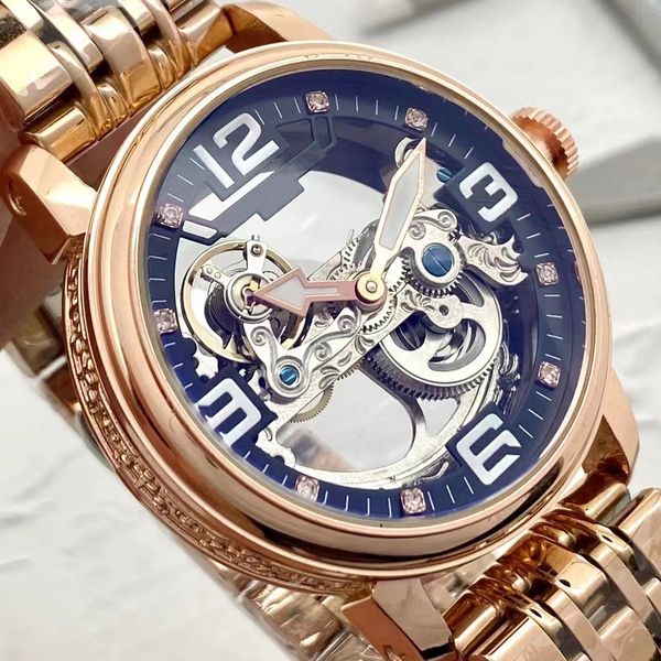 Klassische hochwertige mechanische Herrenuhr mit geschnitztem Design, Luxusuhr mit Rindslederarmband und Automatikuhr mit Edelstahlarmband