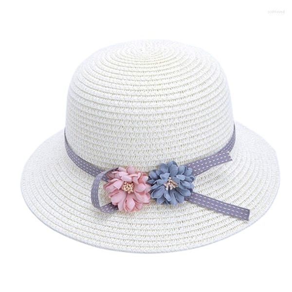 Chapéus de aba larga 2-8yrs meninas crianças palha de palha chapéu de verão praia com flor cáqui cáqui bege branco rosa tamanho 54cm