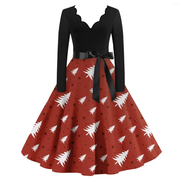 Vestidos casuais vermelho natal para mulheres vestido de navidad vintage 50s manga longa balanço pinup vestido elegante férias