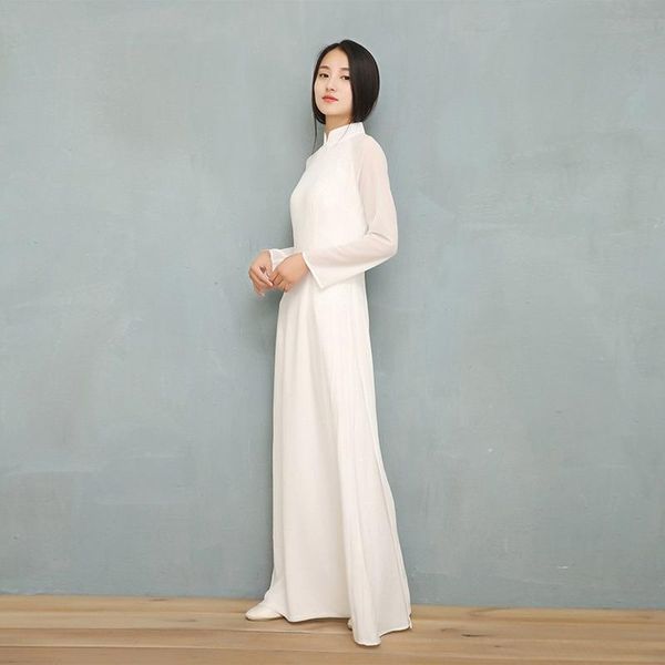 Roupas étnicas 2023 Vietnã ao Dai Dai White Solid Chiffon Perspective Dress for Woman Chinese Cheongsams de manga cheia feminina Oriental