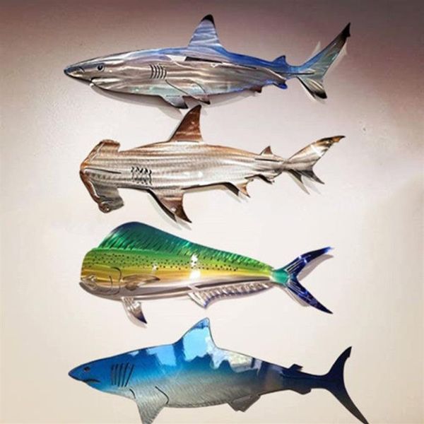 Decoração de arte de parede de metal de tubarão Metal de metal ao ar livre pendurar ornamento doméstico decoração náutica decoração de peixe oceano para pátio ou piscina 2202259S